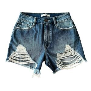 Distressed Ripped Jean Denim Shorts Sz 4 Med Wash Cut Off Hi Rise 28 x 4 NWOT